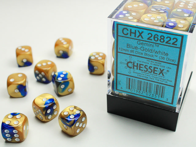 Chessex Gemini Blue-Gold/white 12mm d6 Dice Block (36 dice)