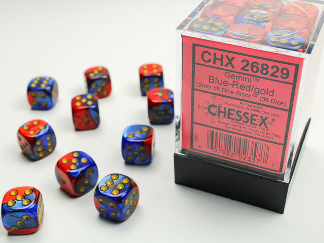 Chessex Gemini Blue-Red/gold 12mm d6 Dice Block (36 dice)