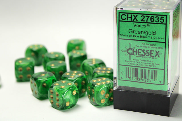 Chessex Vortex Green/gold 16mm D6 (12 Dice)