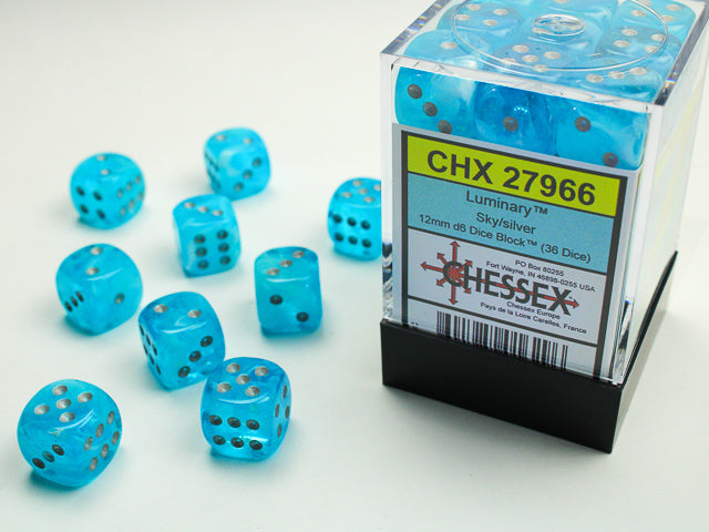 Chessex Luminary Sky/silver 12mm d6 Dice Block (36 dice)