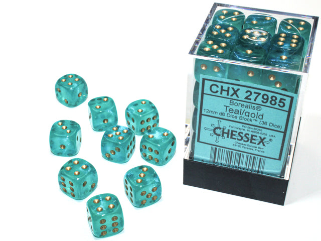 Chessex Borealis Teal/gold Luminary 12mm d6 Dice Block (36 dice)