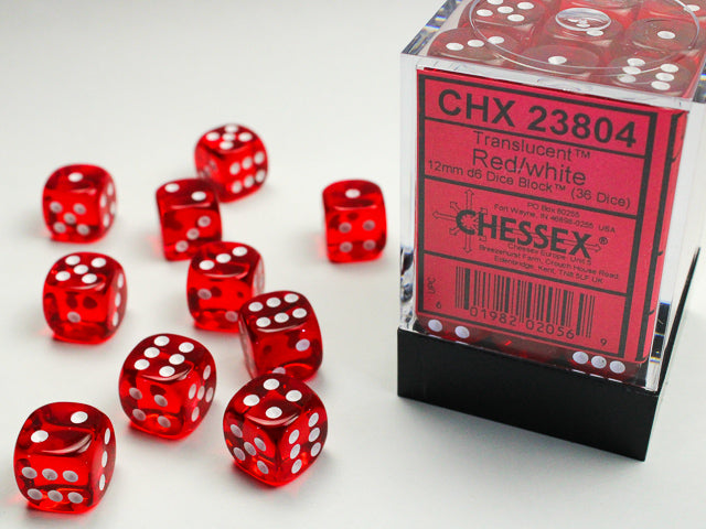 Chessex Translucent Red/white 12mm d6 Dice Block (36 dice)