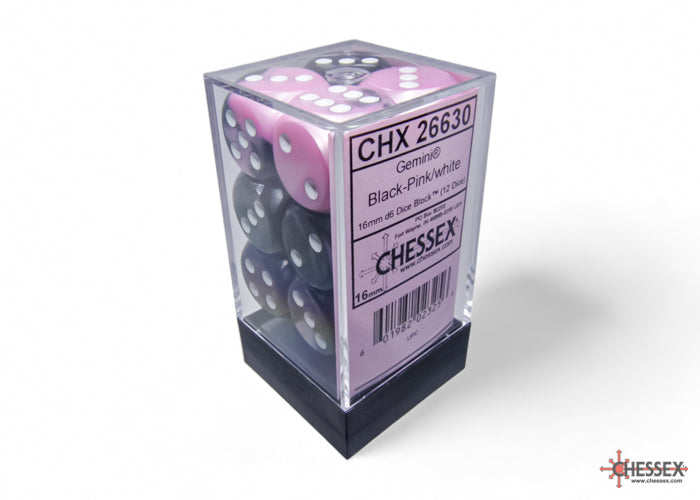 Chessex Gemini Black-Pink/white 16mm D6 (12 Dice)